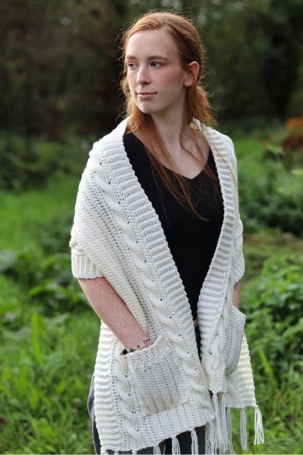 crochet cable pocket shawl